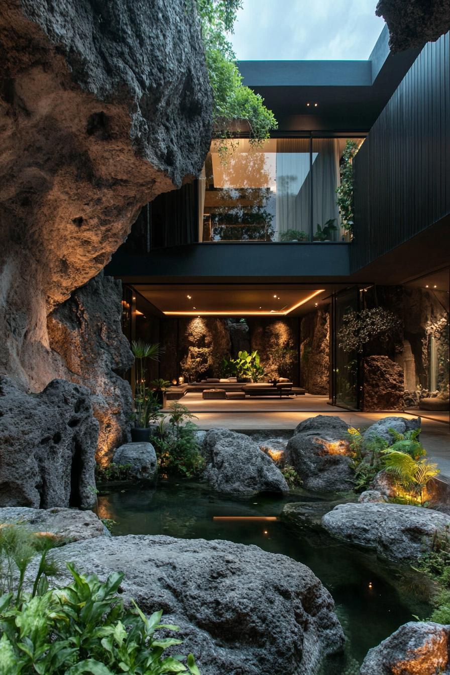 modern luxury house courtyard in a cave dark granite facade lush garden with boulders living areas in cave openings small pond 1