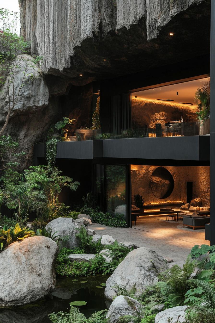 modern luxury house courtyard in a cave dark granite facade lush garden with boulders living areas in cave openings small pond 2