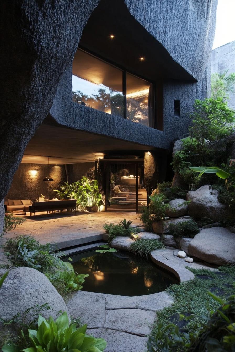 modern luxury house courtyard in a cave dark granite facade lush garden with boulders living areas in cave openings small pond