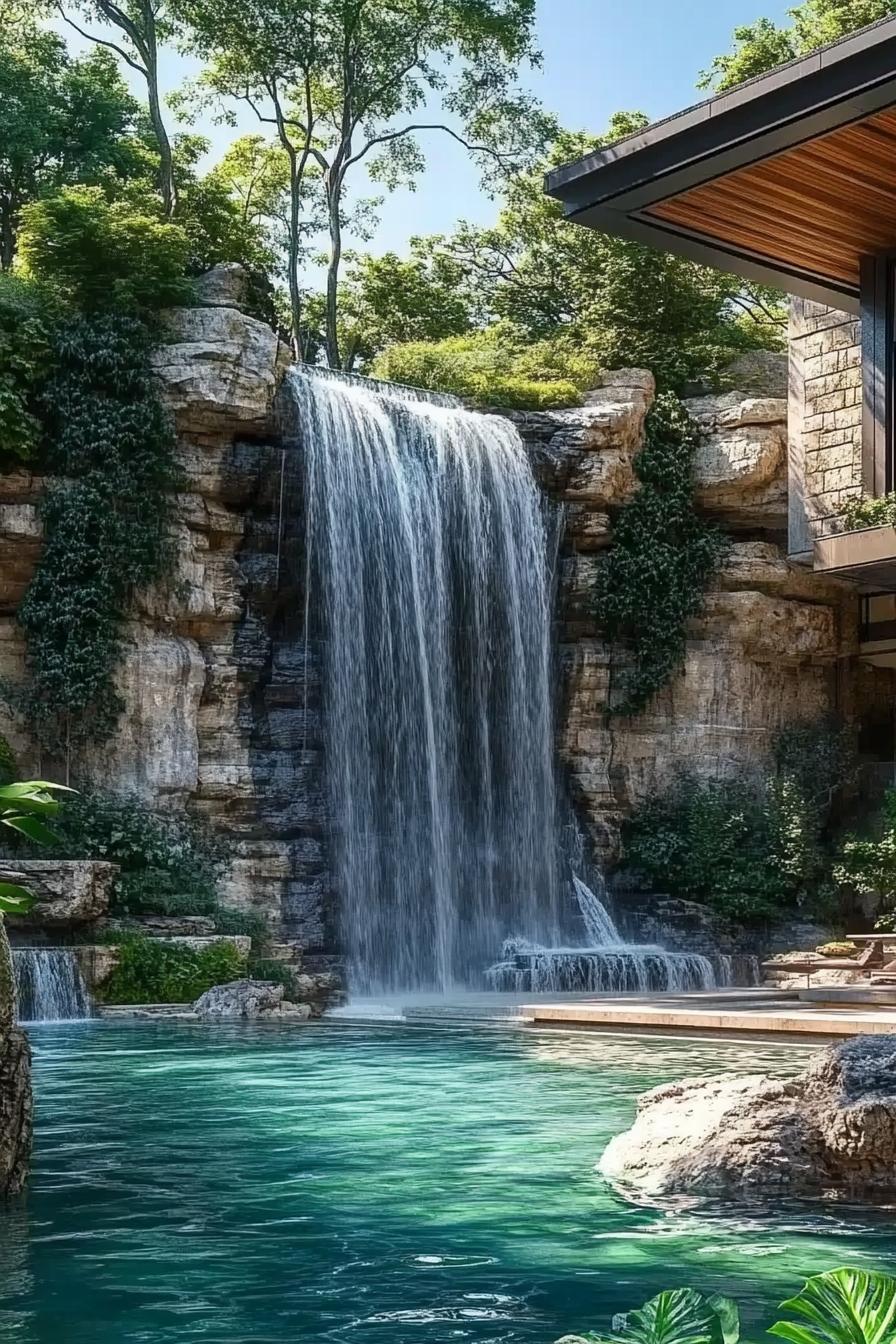 modern luxury marble house yard by a cliff a waterfall is coming down from the cliff into a pool there are trees on the cliff