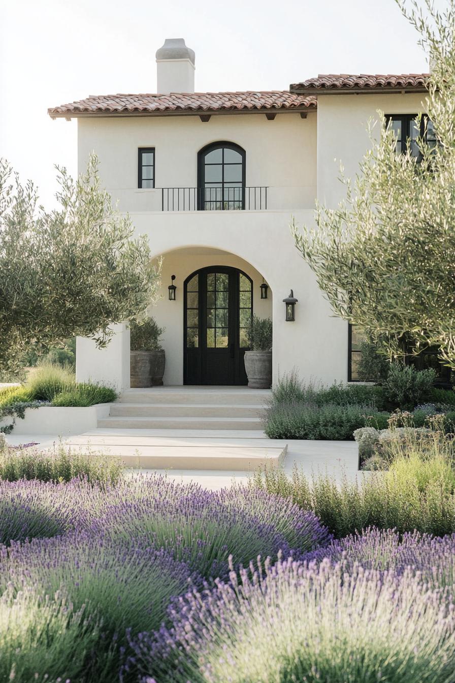 modern mediterranean revival architecture home front garden with olive trees and lavenders 1