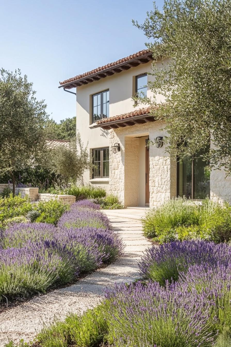 modern mediterranean revival architecture home front garden with olive trees and lavenders 2