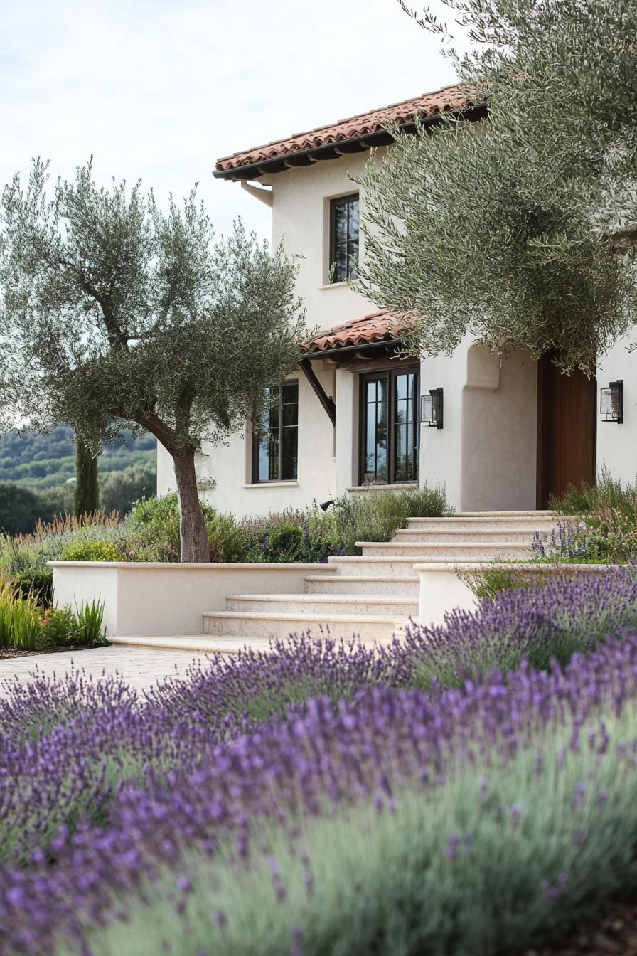 modern mediterranean revival architecture home front garden with olive trees and lavenders 3