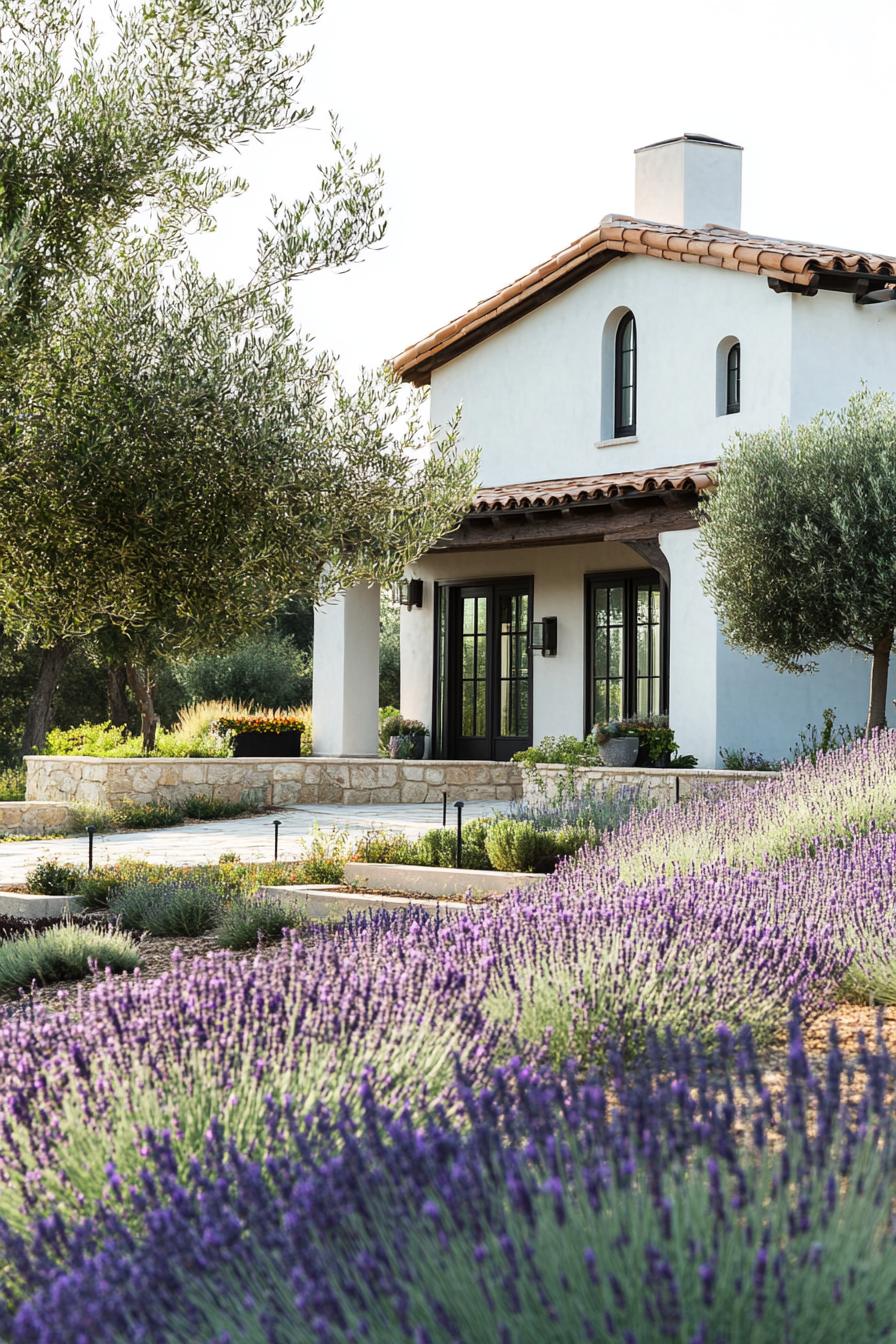 modern mediterranean revival architecture home front garden with olive trees and lavenders