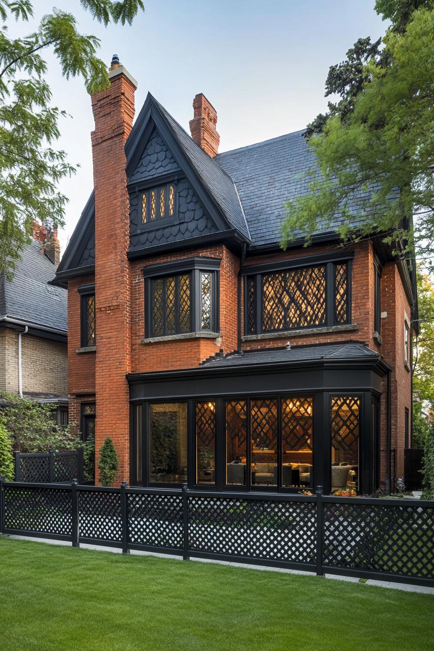 modern neo Victorian style house yard with lattice fencing