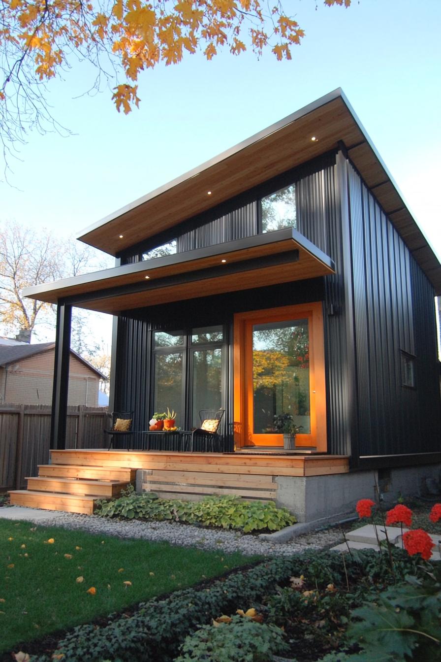 modern prefab small house facade with corrugated iron siding and exposed beam porch urban neighborhood 1