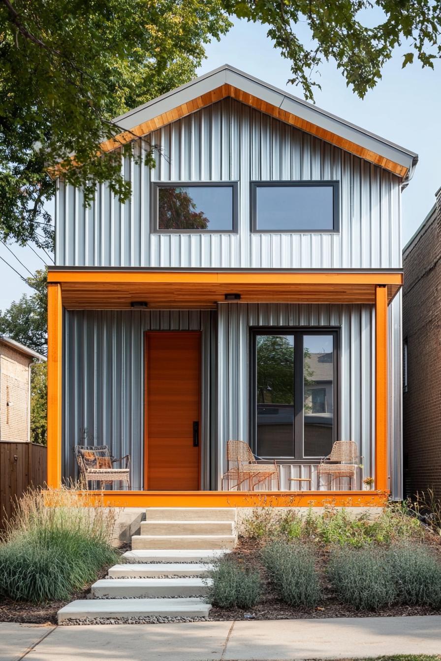 modern prefab small house facade with corrugated iron siding and exposed beam porch urban neighborhood 2