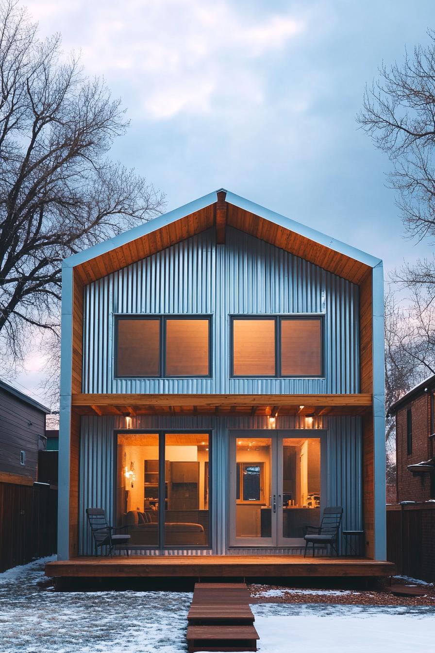 modern prefab small house facade with corrugated iron siding and exposed beam porch urban neighborhood 3