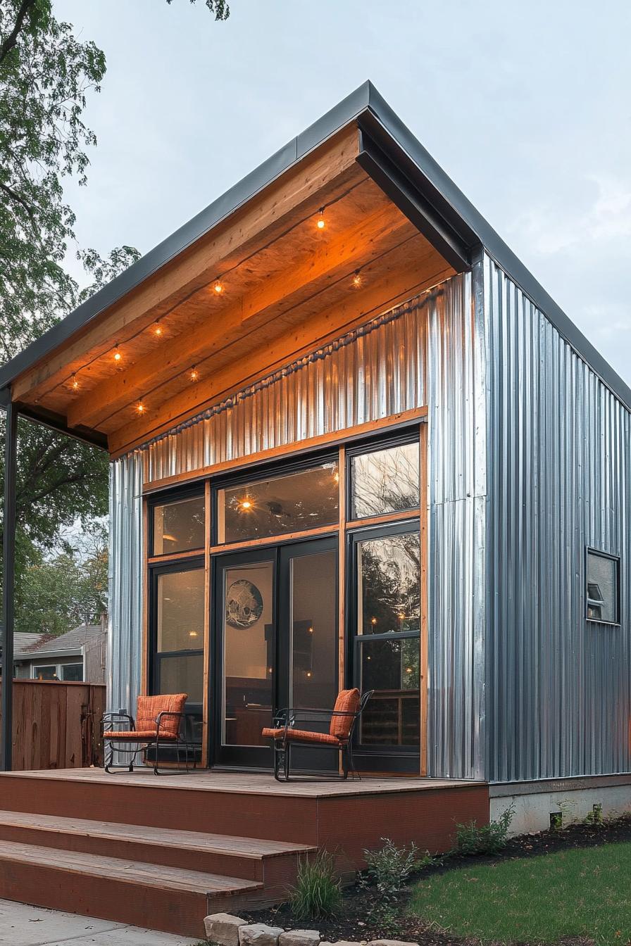 modern prefab small house facade with corrugated iron siding and exposed beam porch urban neighborhood