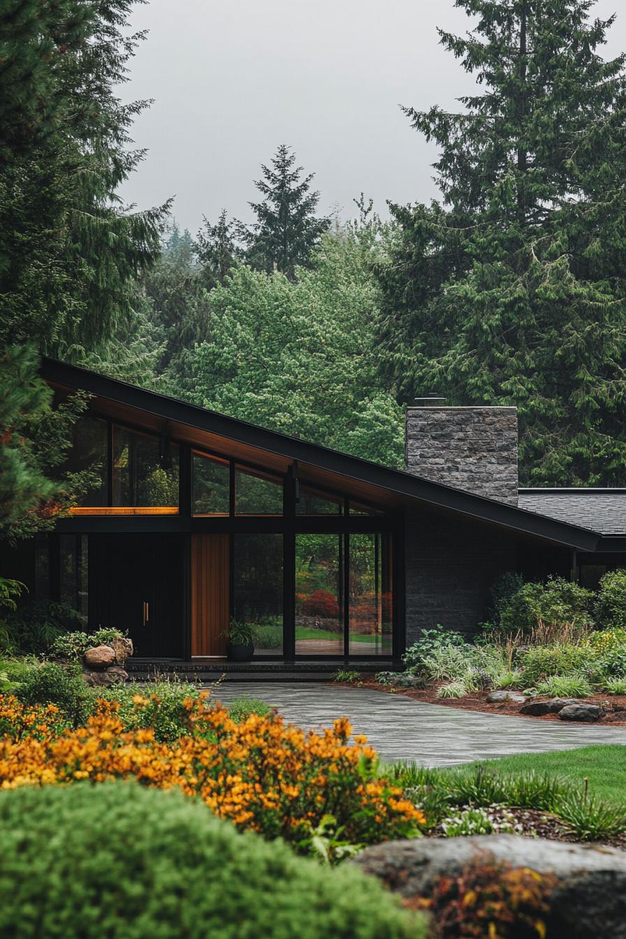 modern ranch house facade with overhanging eaves ranch and forest in a distance 1