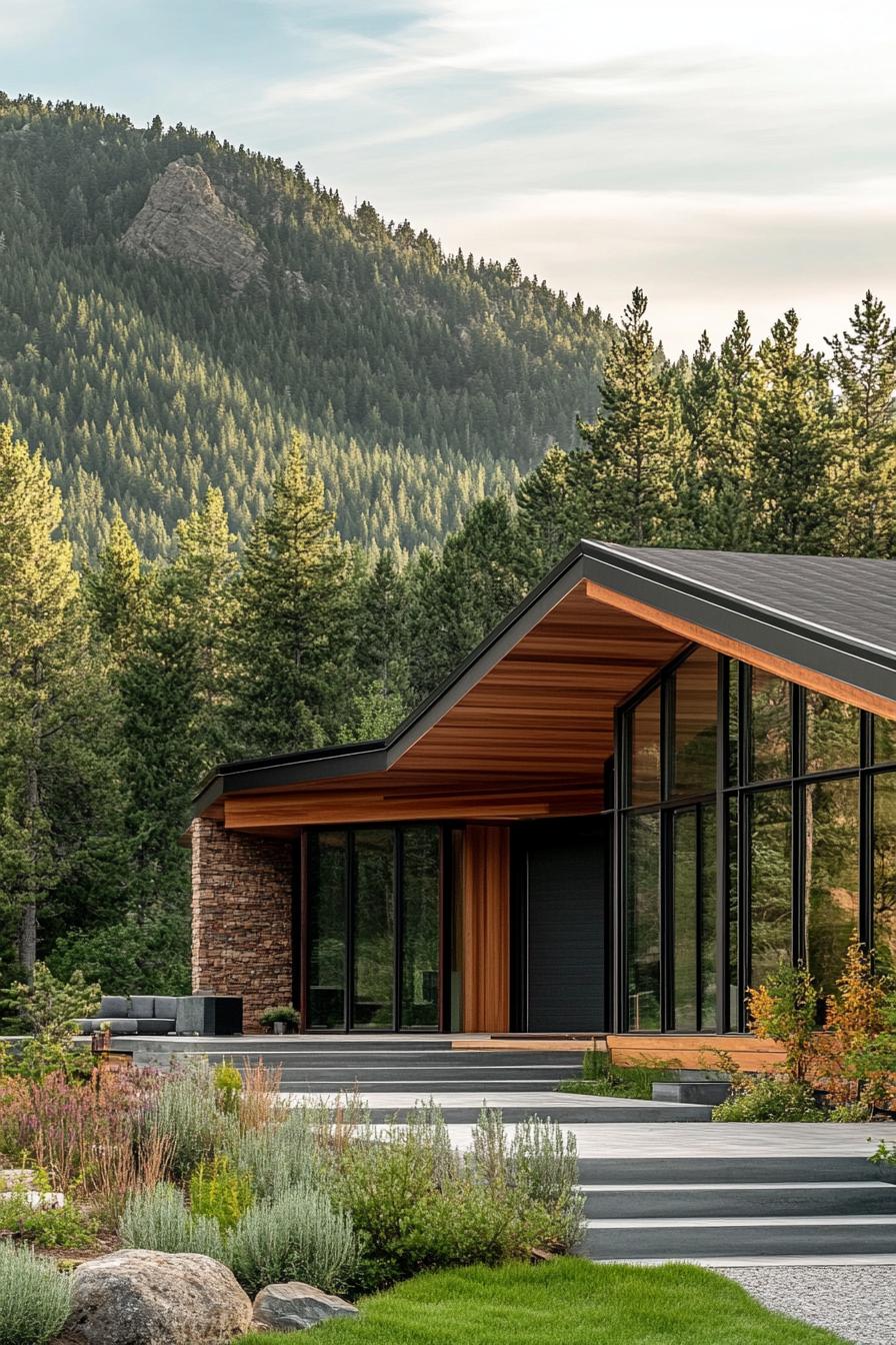 modern ranch house facade with overhanging eaves ranch and forest in a distance 2