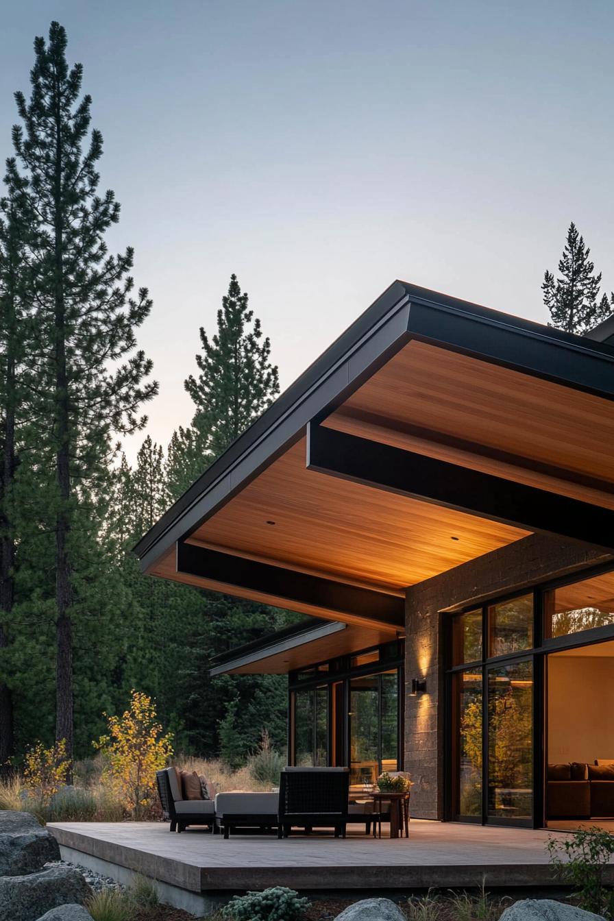 modern ranch house facade with overhanging eaves ranch and forest in a distance 3