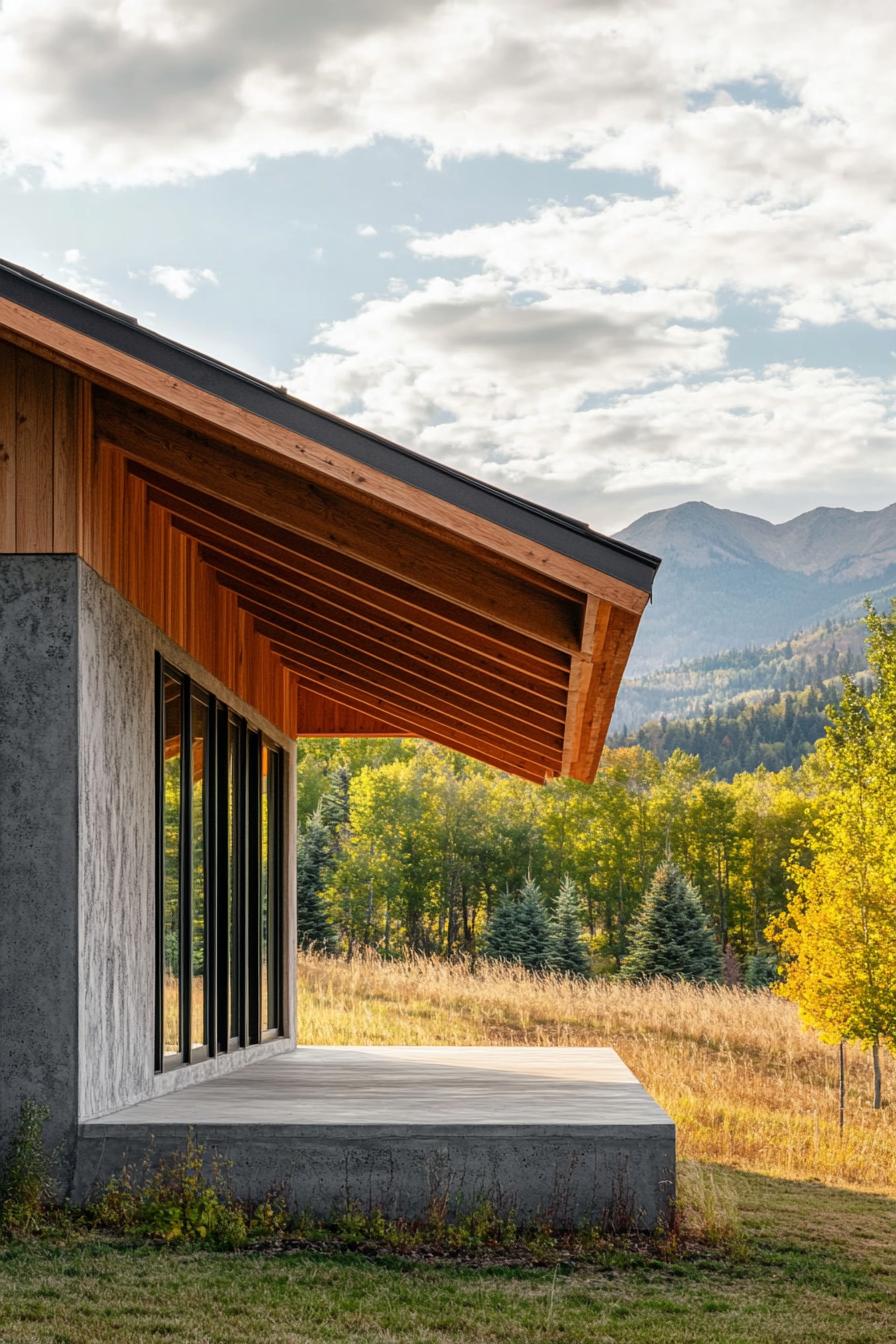 modern ranch house facade with overhanging eaves ranch and forest in a distance