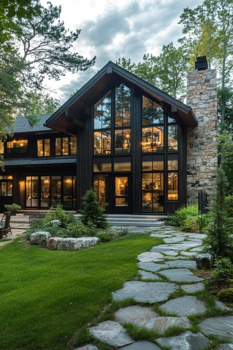 modern rustic cottage house with stone facade dark wood stain trim large modern windows with wood trim archen entry multi pitched shingle roof 1