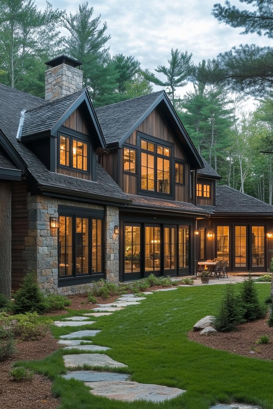 modern rustic cottage house with stone facade dark wood stain trim large modern windows with wood trim archen entry multi pitched shingle roof 2