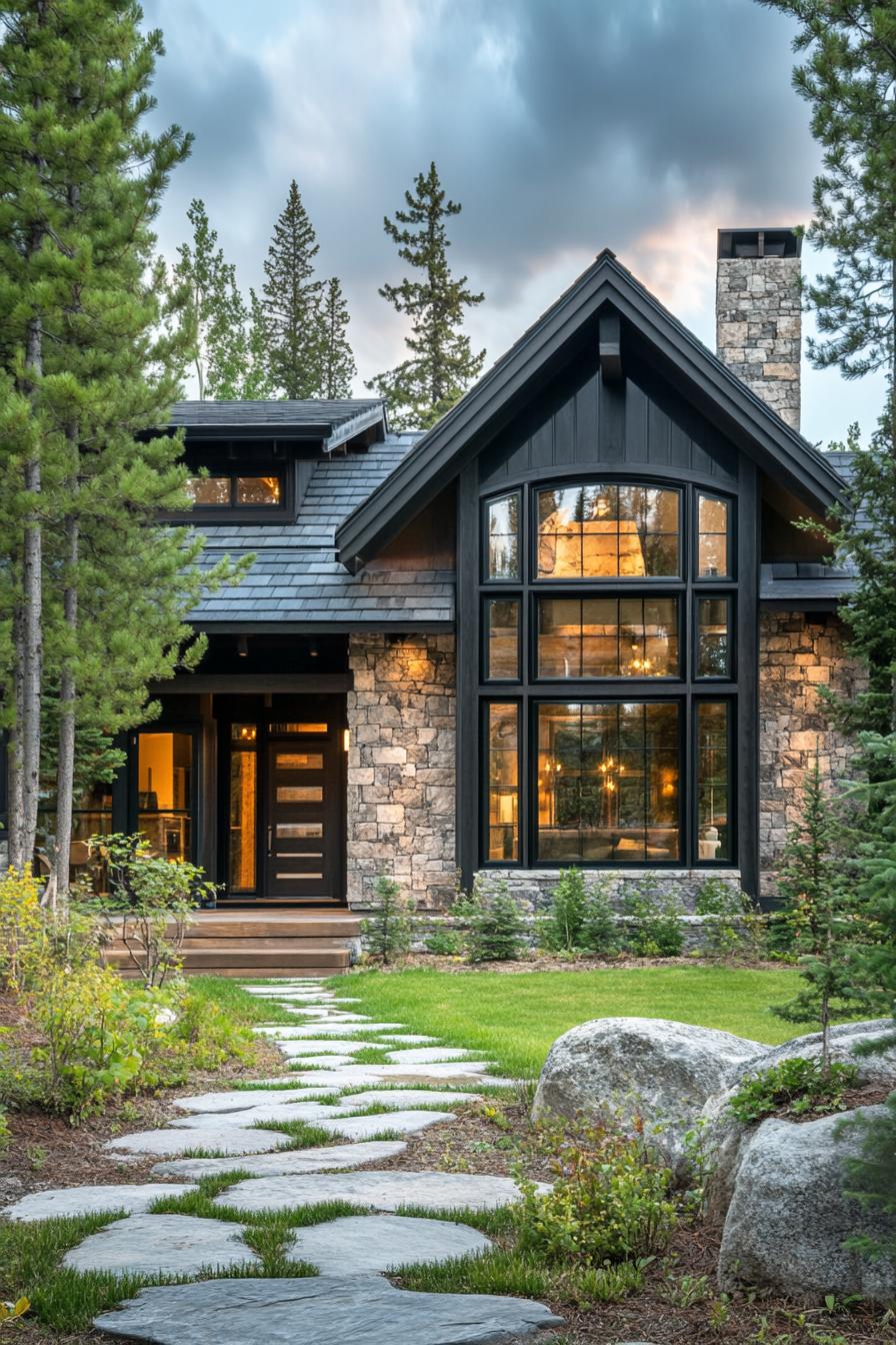 modern rustic cottage house with stone facade dark wood stain trim large modern windows with wood trim archen entry multi pitched shingle roof 3