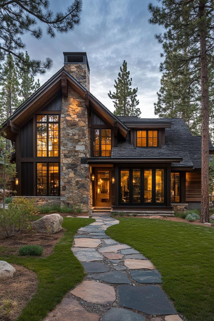 modern rustic cottage house with stone facade dark wood stain trim large modern windows with wood trim archen entry multi pitched shingle roof