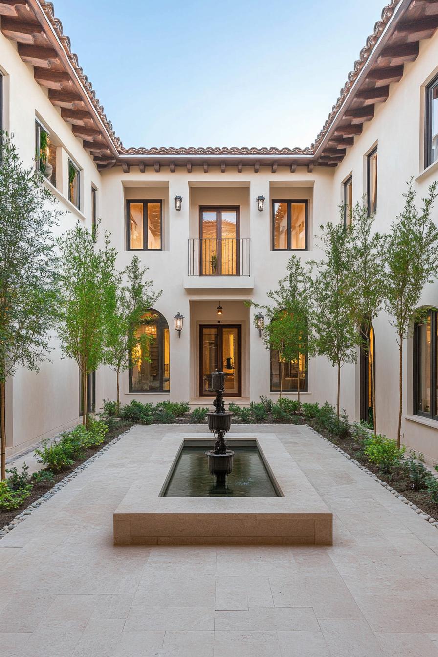 modern spanish mediterranean home inner courtyard with small trees and a center fountain the windows are rectangular 1