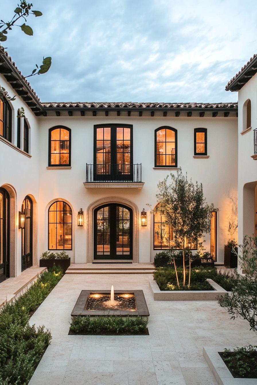 modern spanish mediterranean home inner courtyard with small trees and a center fountain the windows are rectangular 2