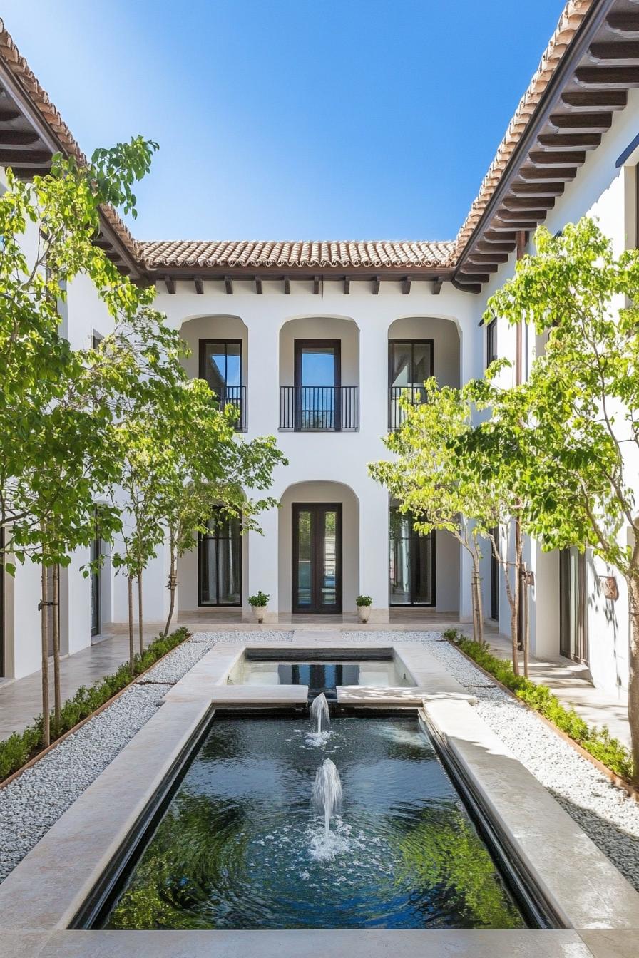 modern spanish mediterranean home inner courtyard with small trees and a center fountain the windows are rectangular 3