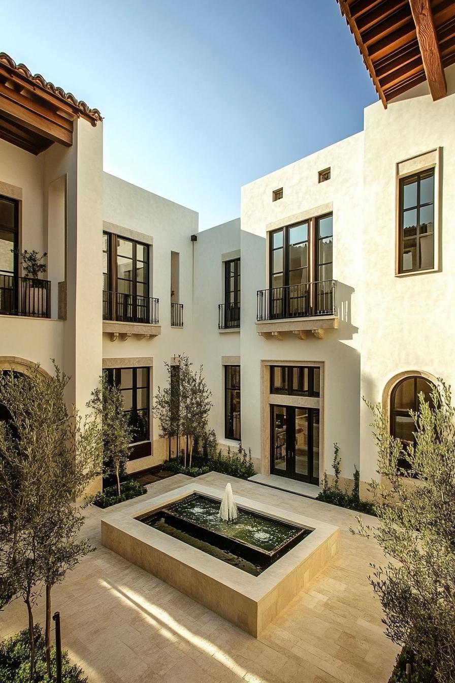 modern spanish mediterranean home inner courtyard with small trees and a center fountain the windows are rectangular