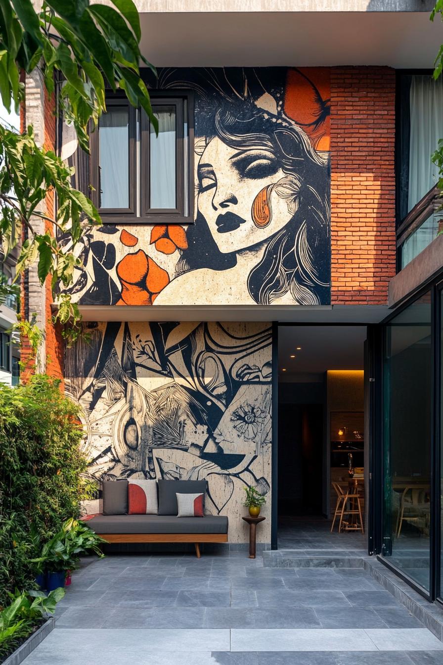 modern terrace house facade with wall art mural 1