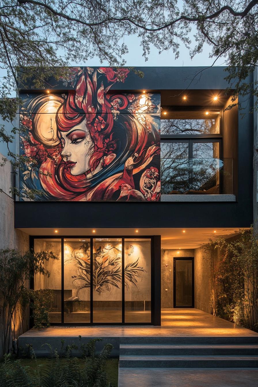 modern terrace house facade with wall art mural