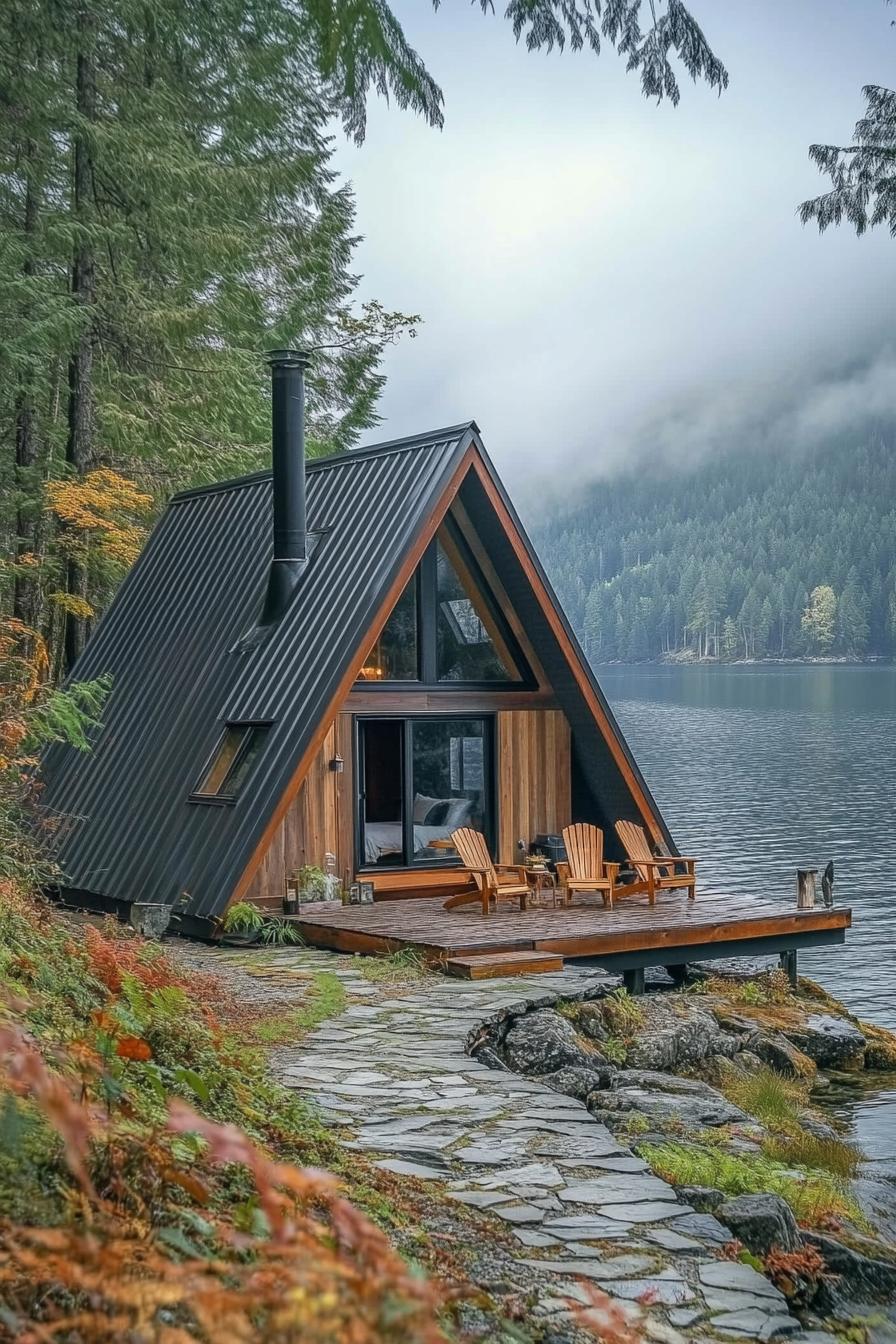 modern tiny a frame cabin by the lake wooden siding metal roof pipe chimney adirondack deck chairs stone path to the lake misty forest and