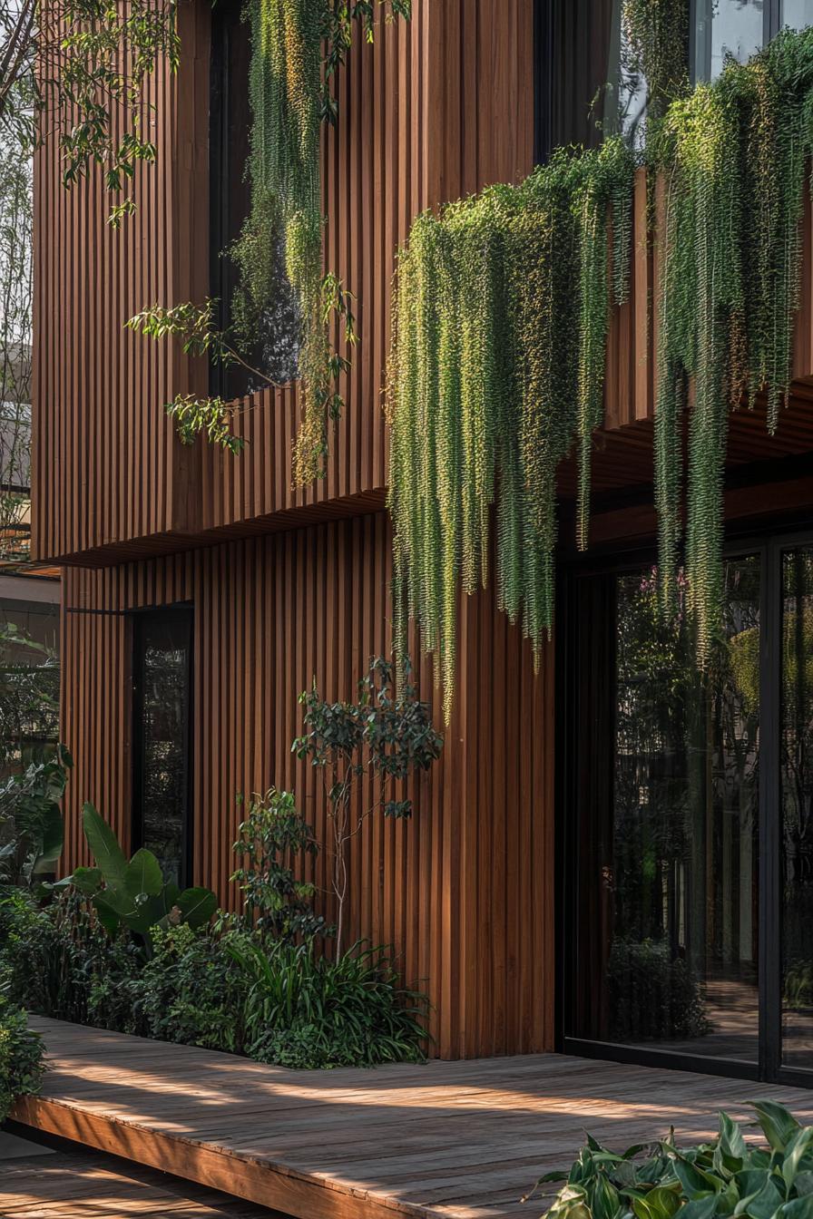 modern wood house textured wood facade with vertical greenery 1