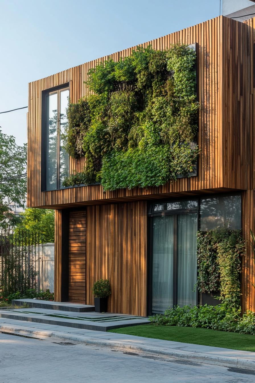 modern wood house textured wood facade with vertical greenery 2