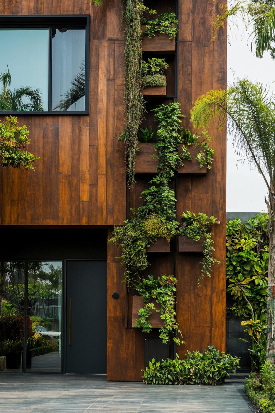 modern wood house textured wood facade with vertical greenery 3