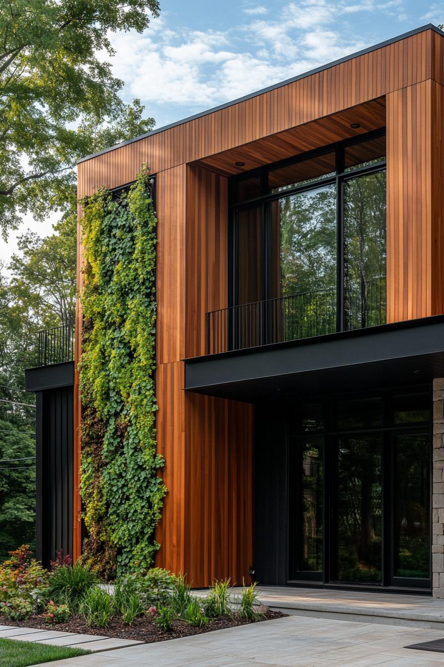 modern wood house textured wood facade with vertical greenery