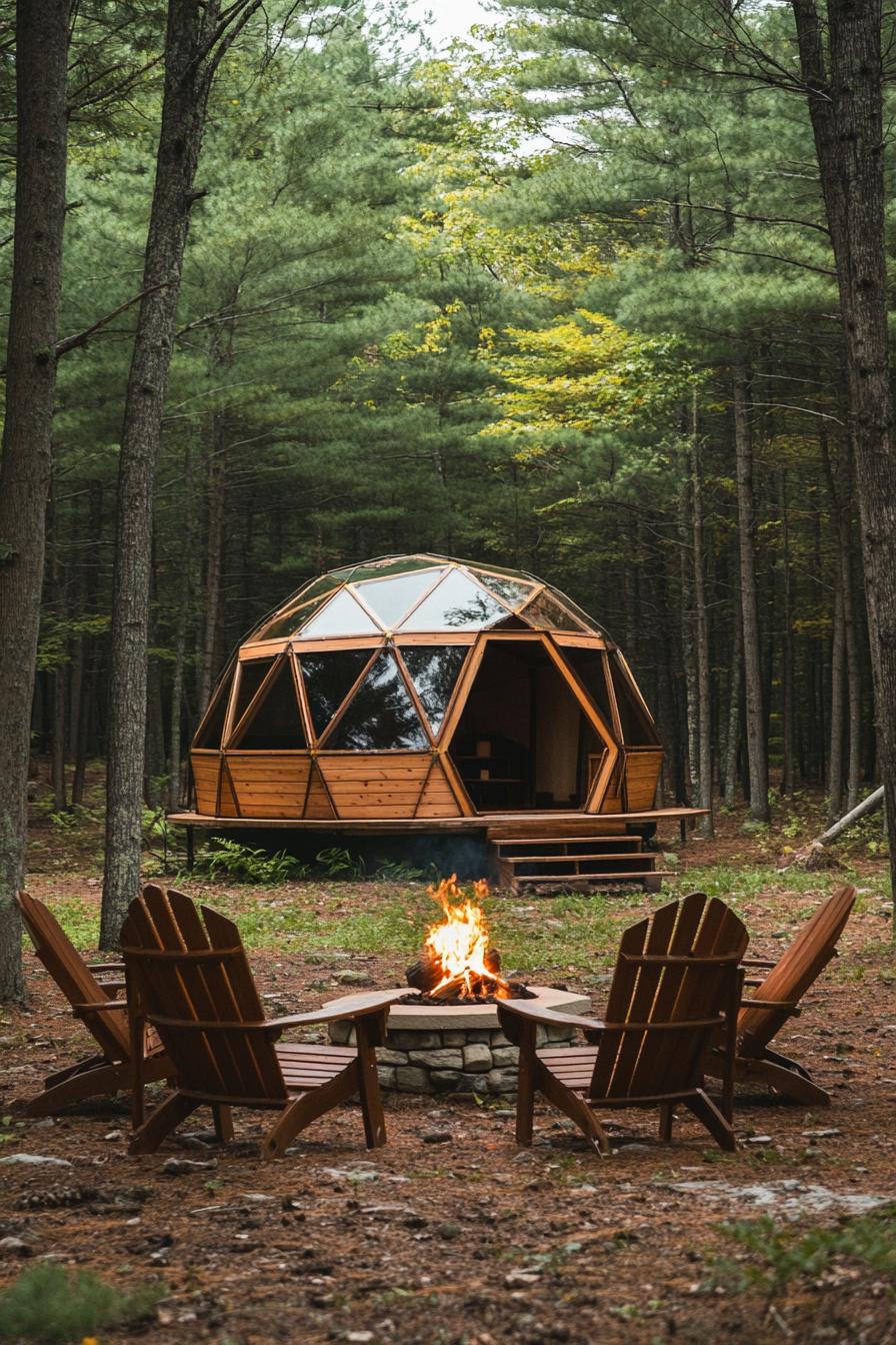 modern wooden geodesic dome cabin in a pine forest clearing a firepit and adirondack chairs in front