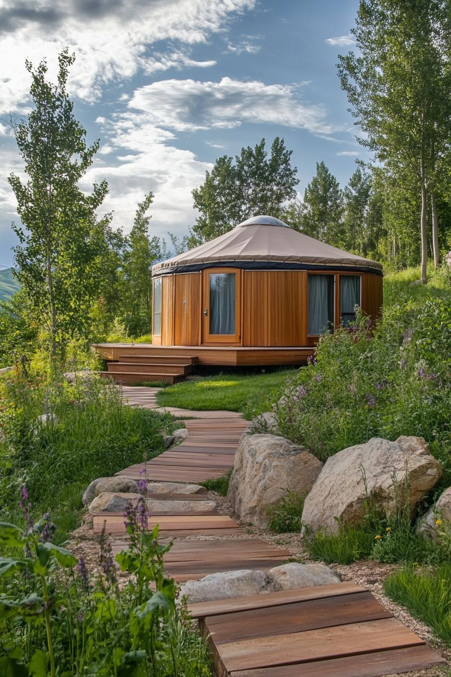 modern yurt with permaculture landscape