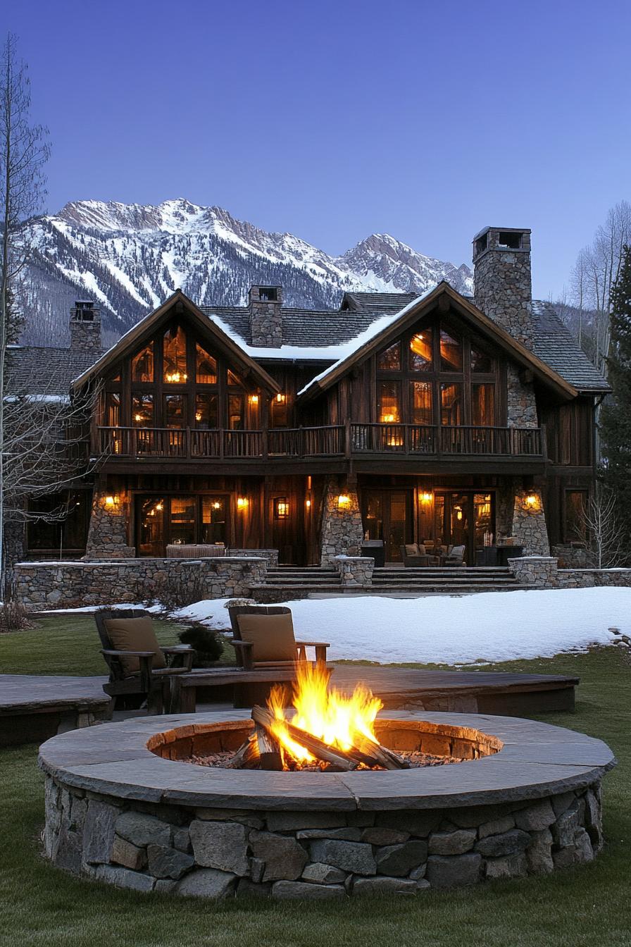 mountain house with rustic siding stone foundation and chimney large yard with firepit snowy mountains in the background 1