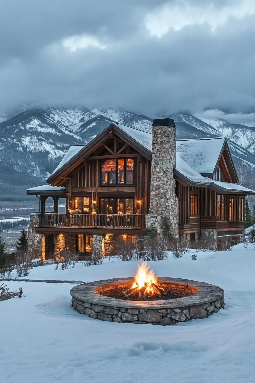 mountain house with rustic siding stone foundation and chimney large yard with firepit snowy mountains in the background 2