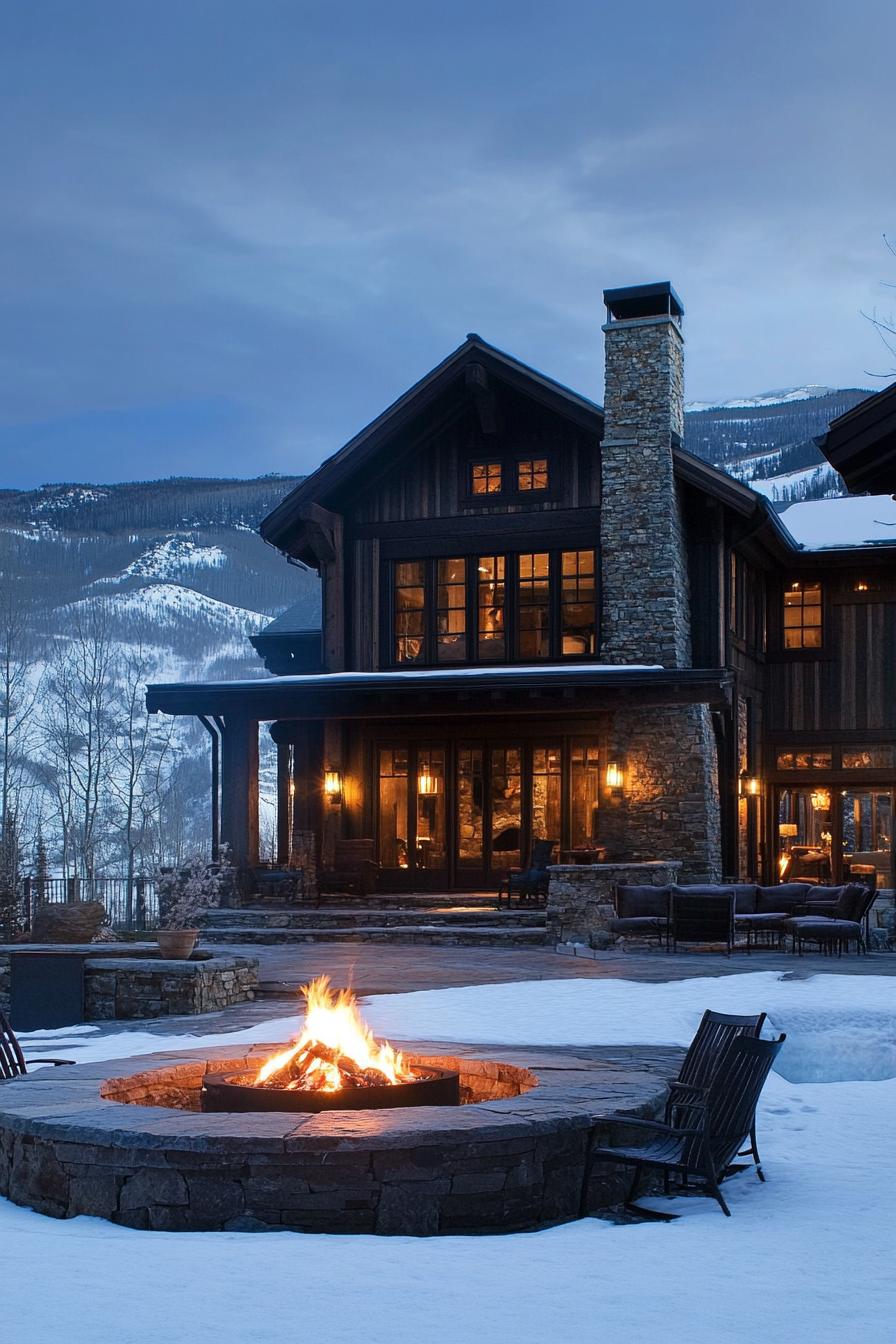 mountain house with rustic siding stone foundation and chimney large yard with firepit snowy mountains in the background 3