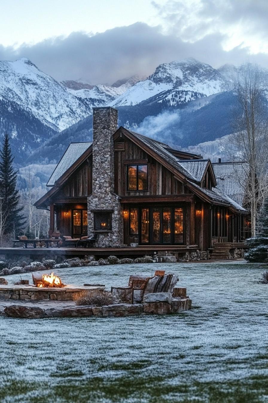 mountain house with rustic siding stone foundation and chimney large yard with firepit snowy mountains in the background