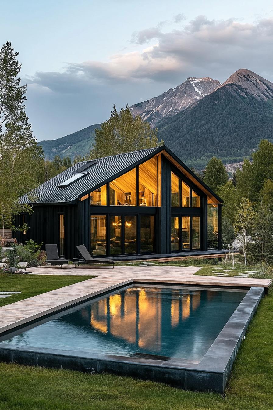 nordic modern barndominium with pool in grass yard stunning mountain in the background 1