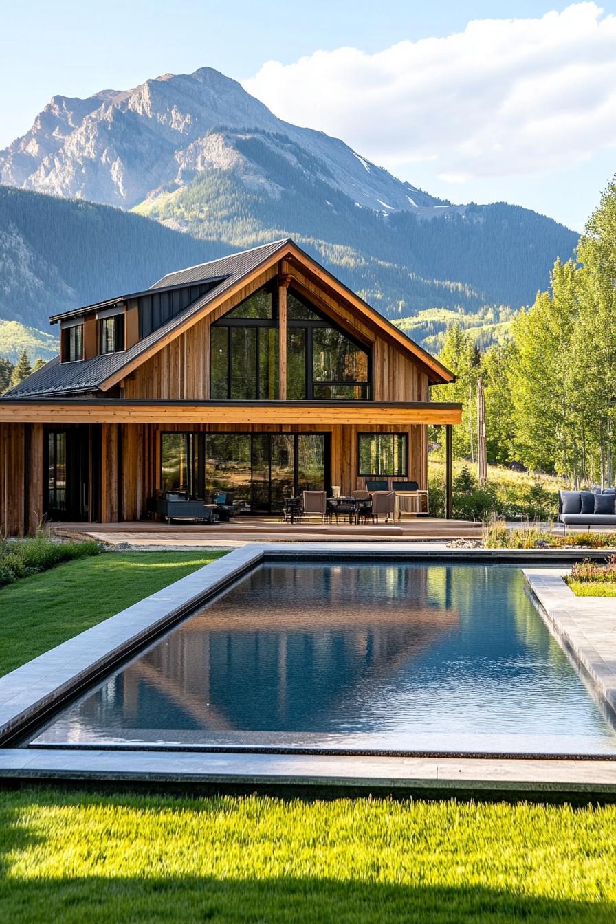 nordic modern barndominium with pool in grass yard stunning mountain in the background 2