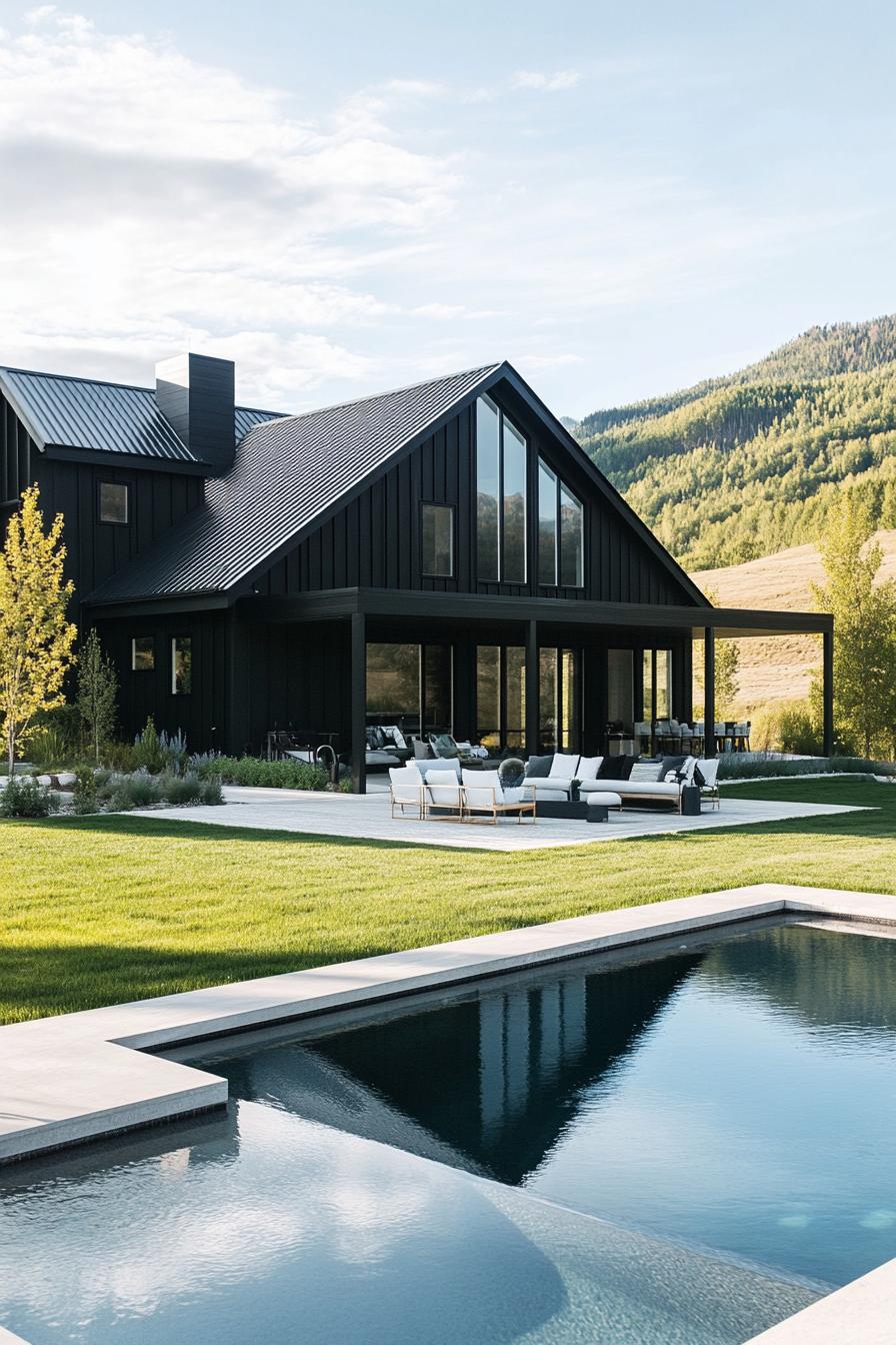 nordic modern barndominium with pool in grass yard stunning mountain in the background 3