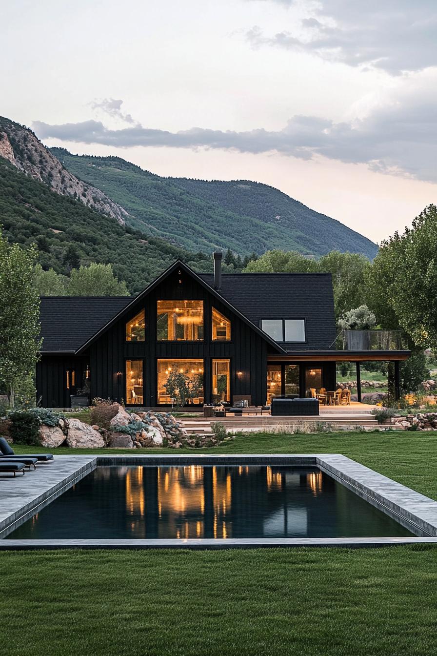 nordic modern barndominium with pool in grass yard stunning mountain in the background