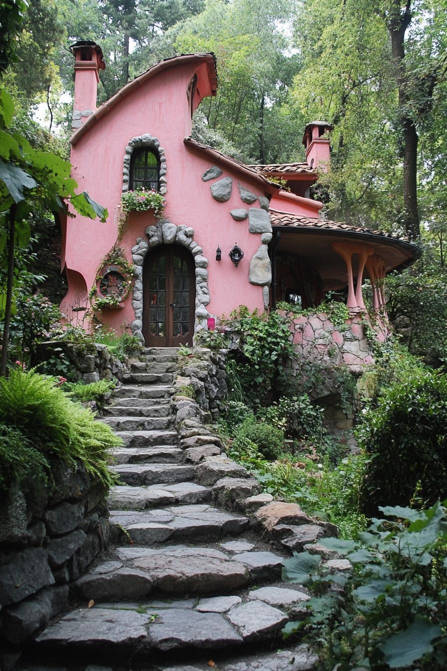 pink fairytale house with stone detailing stone paths garden with vines lush forest in the background 1