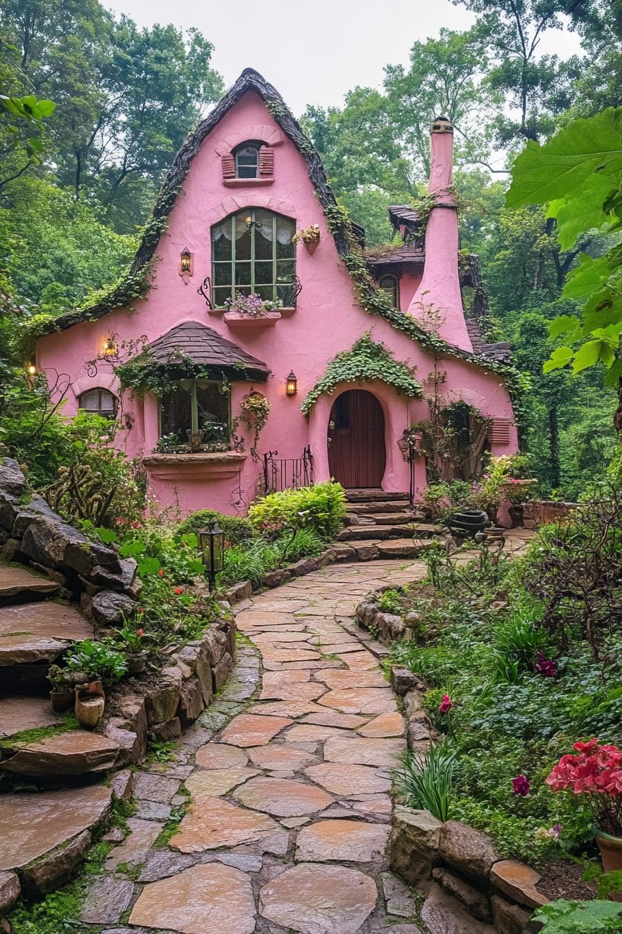 pink fairytale house with stone detailing stone paths garden with vines lush forest in the background 2