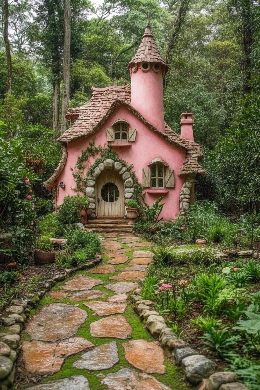 pink fairytale house with stone detailing stone paths garden with vines lush forest in the background 3