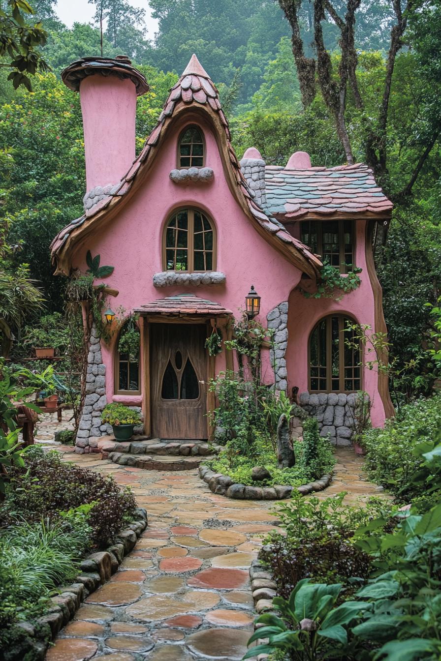 pink fairytale house with stone detailing stone paths garden with vines lush forest in the background