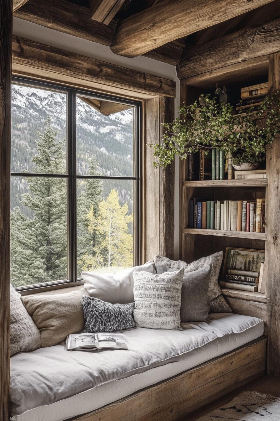 reading nook with exposed rustic beams cushioned seating rustic bookshelf with vine plants large window overlooking stunning mountain forest