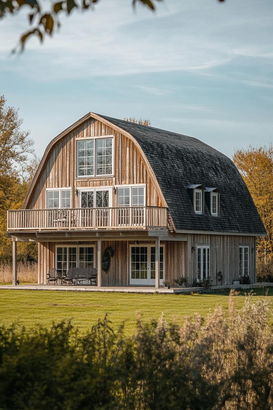 rustic modern barn large house with gambrel roof the second floor has full wall modern windows large porch on one side farmland landscape trees in 1