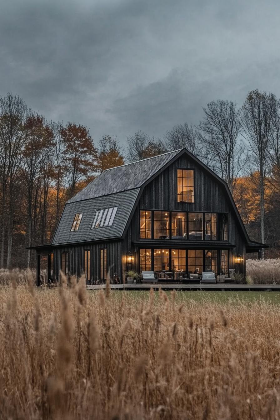 rustic modern barn large house with gambrel roof the second floor has full wall modern windows large porch on one side farmland landscape trees in 2