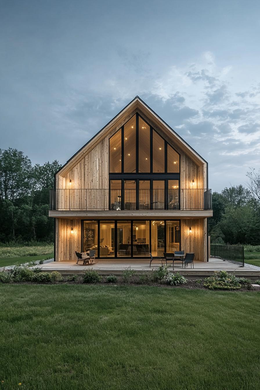 rustic modern barn large house with gambrel roof the second floor has full wall modern windows large porch on one side farmland landscape trees in